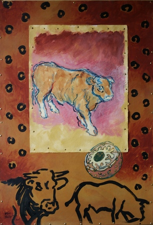 Didier Christophe, bovins limousins et noyau cellulaire, 80x121, 2002.
